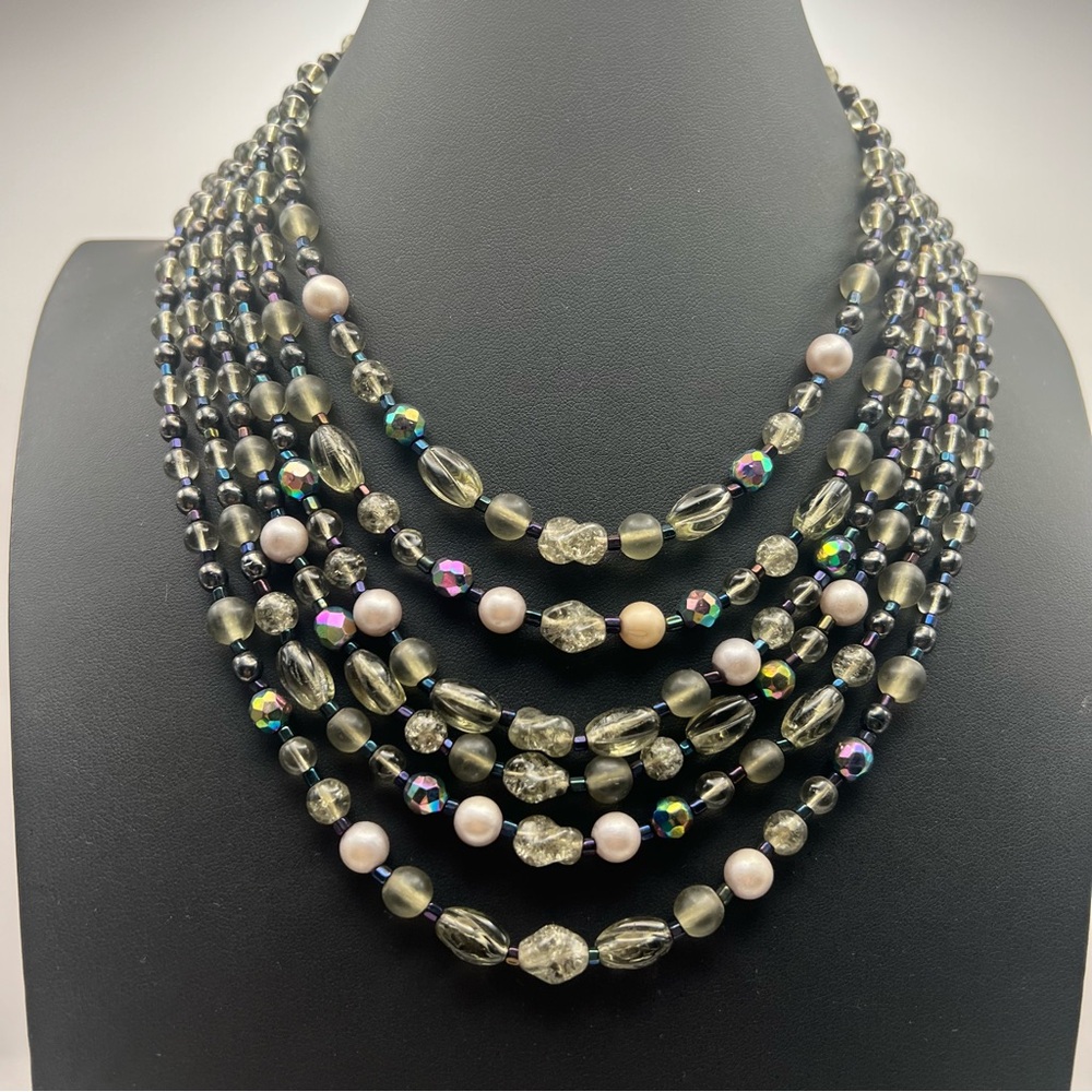 Vintage 6-Strand Western Germany Glass Beaded Necklace w/ Silver Tone Accents